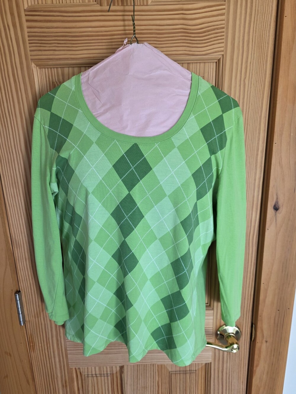 Talbots Light & Dark Green Argyle Long Sleeve Cotton Blend Tee Size Med
